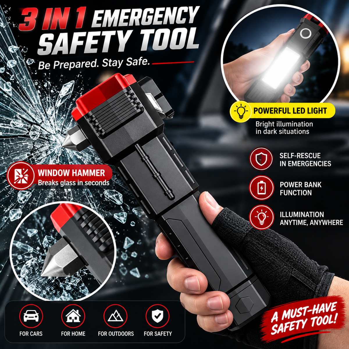 Emergency Safety Tool (Window Breaker, Seatbelt Cutter, LED)