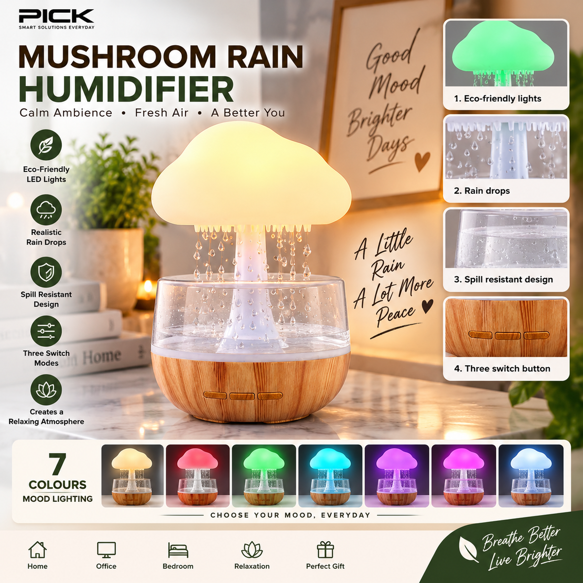 Mushroom Rain Humidifier with LED Mood Light