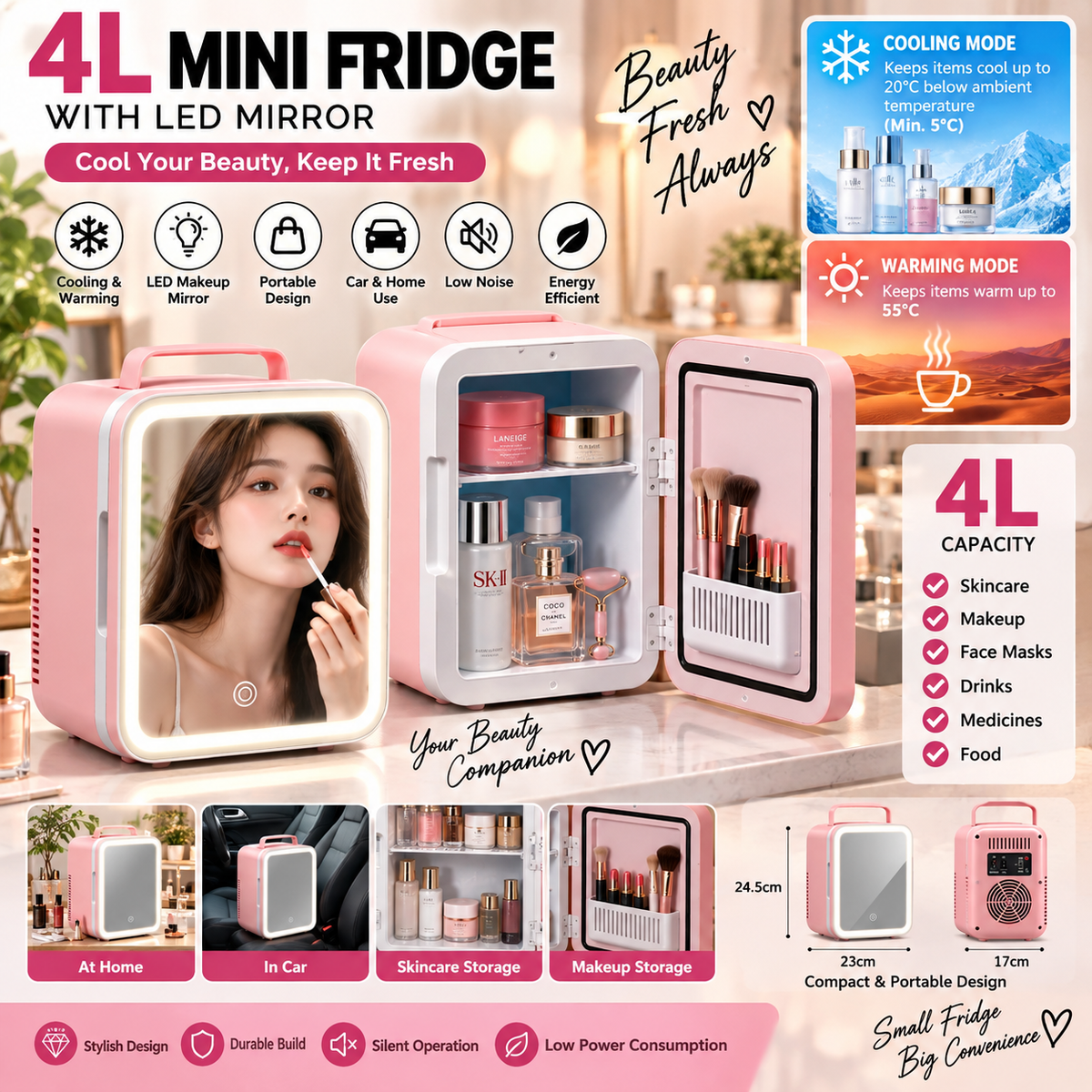4L Beauty Mini Fridge with LED Mirror