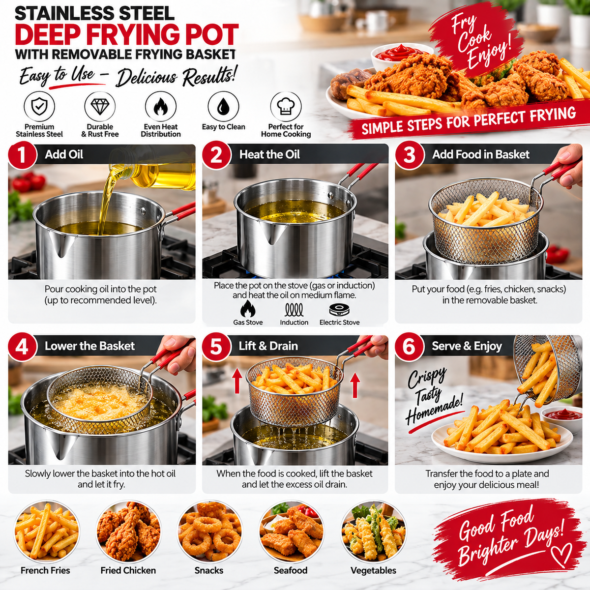 Premium Stainless Steel Deep Frying Pot with Removable Frying Basket - alternate view 2