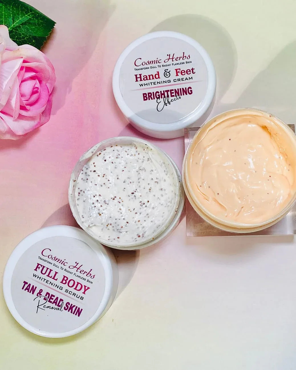 Cosmic Herbs body scrub and hand and feet cream skincare combo