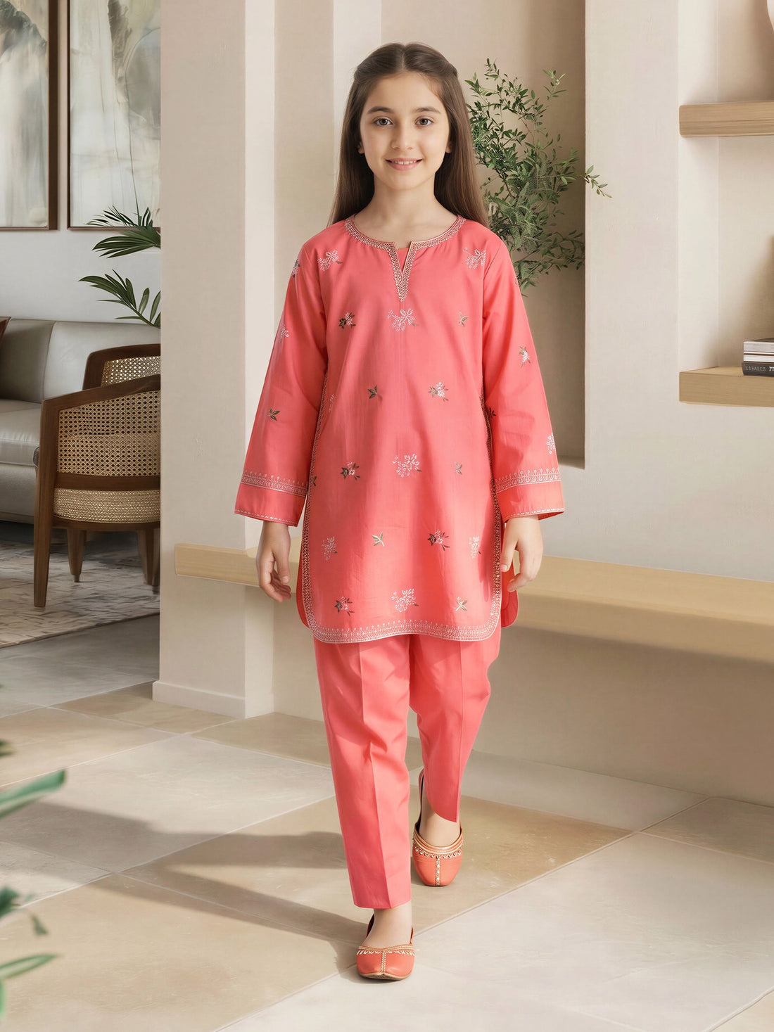 2 Piece Lawn Slub Suit- Embroidered (Pret) – Coral (F3964ST-451)