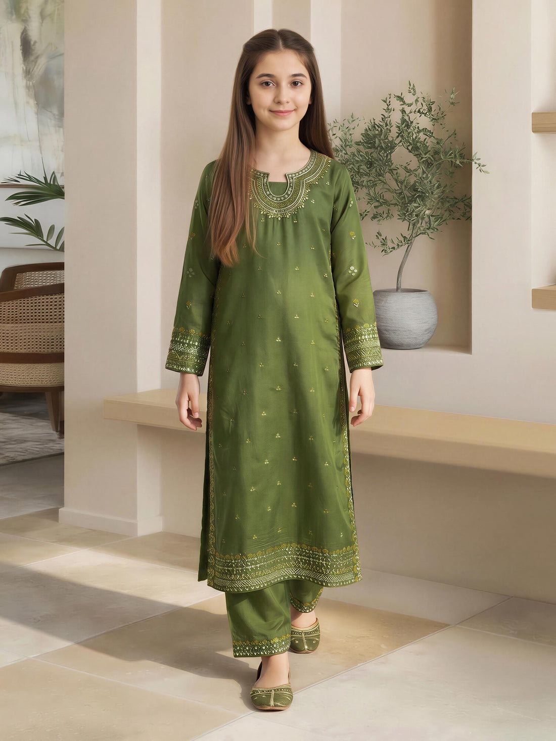 2 Piece Raw Silk Suit- Embroidered (Pret) – Green (F3921ST-227)