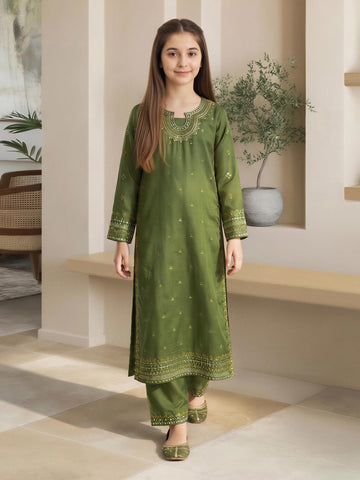 2 Piece Raw Silk Suit- Embroidered (Pret) – Green (F3921ST-227)