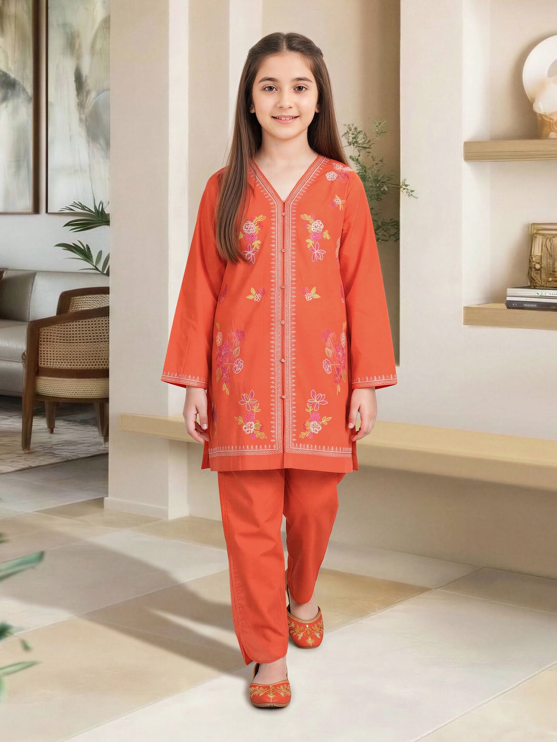2 Piece Lawn Slub Suit- Embroidered (Pret) – Orange (F3630ST-419)