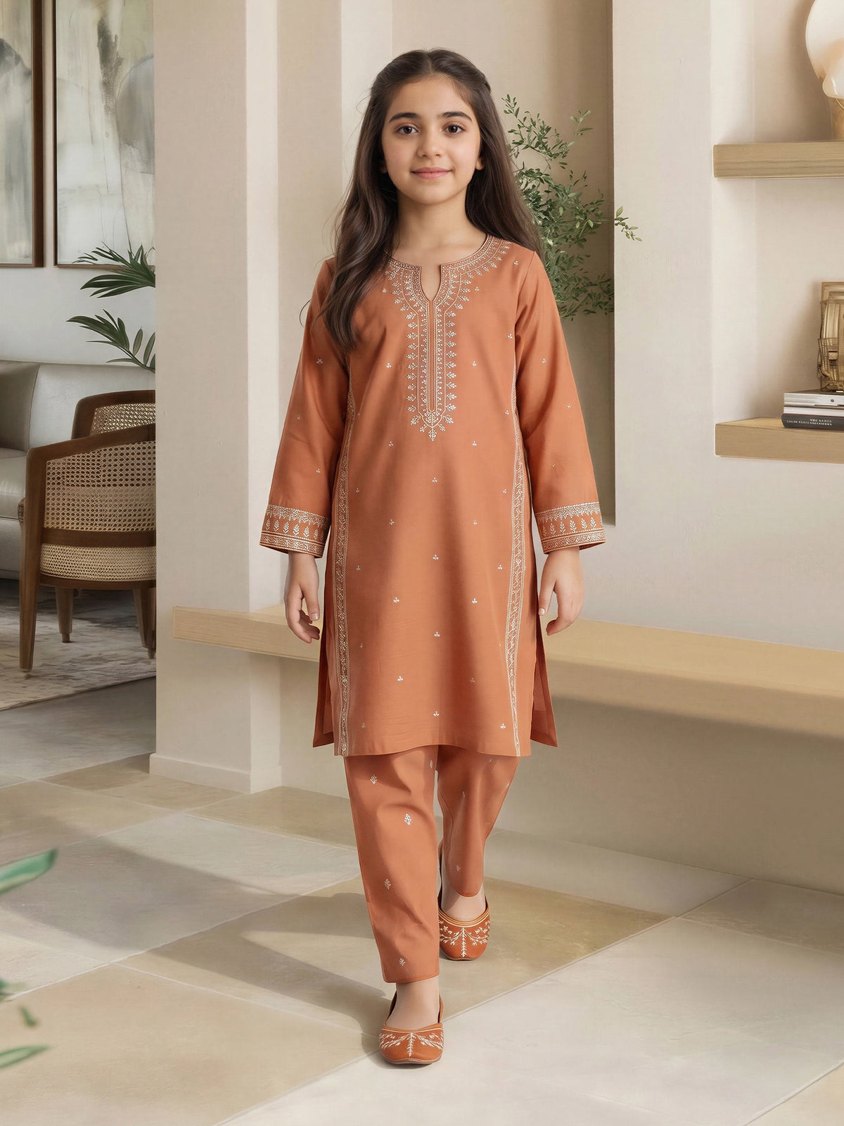 2 Piece Dobby Suit- Embroidered (Pret) – Peach (F3936ST-464)