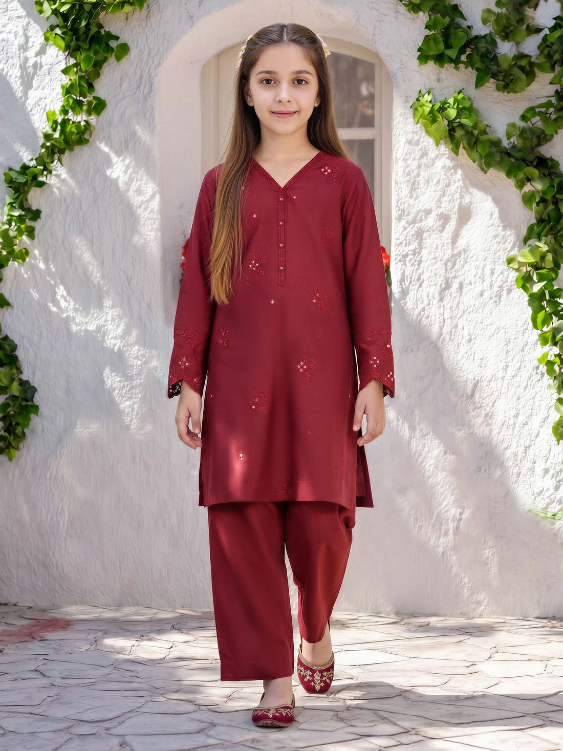 2 Piece Viscose Suit- Embroidered (Pret) – Red (F3947ST-565)