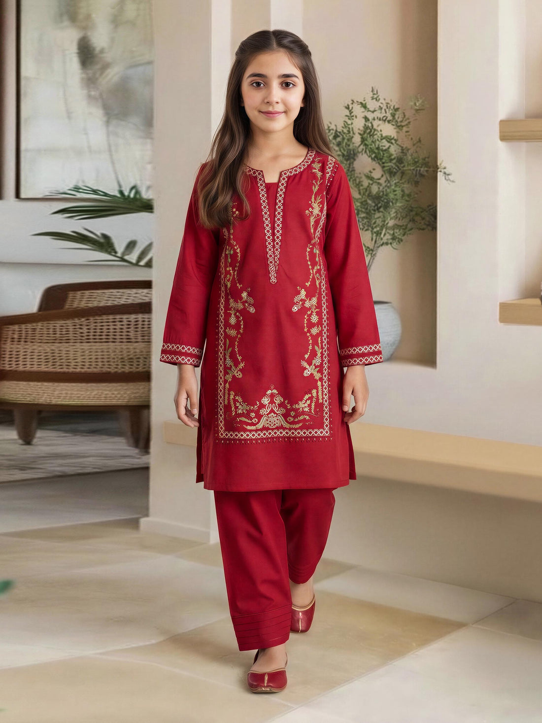 2 Piece Lawn Slub Suit- Embroidered (Pret) – Red (F3930ST-565)