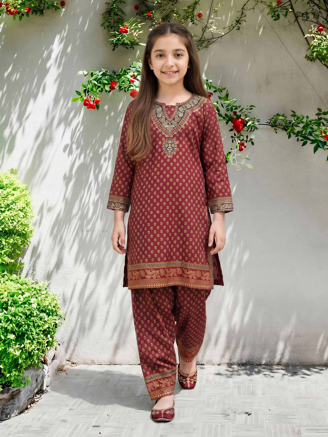 2 Piece Satin Suit- Embroidered (Pret) – Red (F3627ST-565)