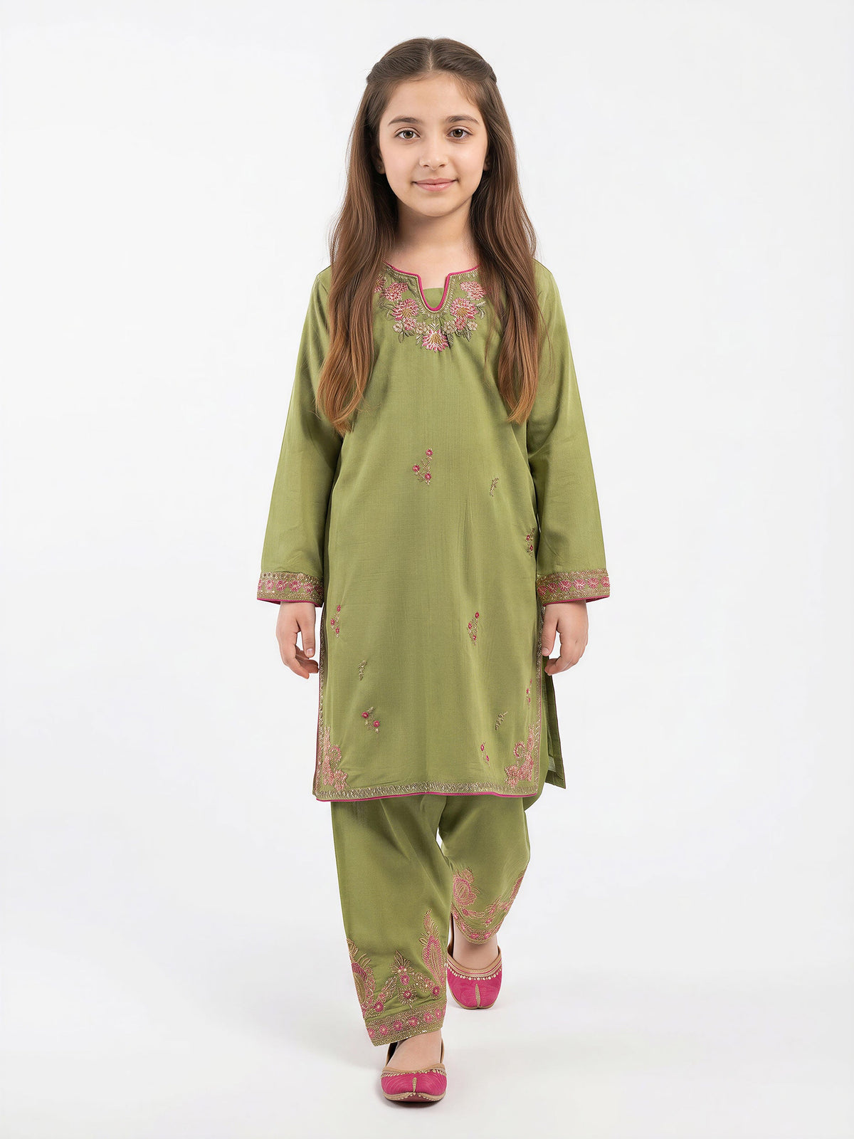 2 Piece Raw Silk Suit- Embroidered (Pret) – Green (F3671ST-227)