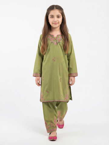 2 Piece Raw Silk Suit- Embroidered (Pret) – Green (F3671ST-227)