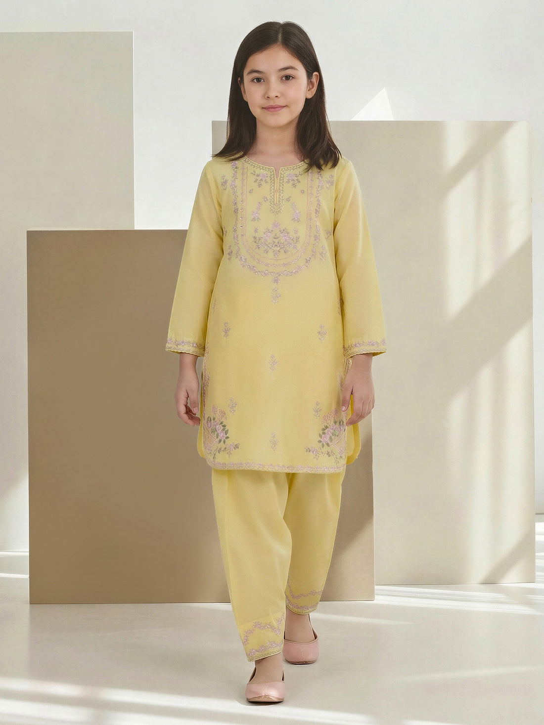 2 Piece Satin Suit- Embroidered (Pret) – Yellow (F3739ST-374)