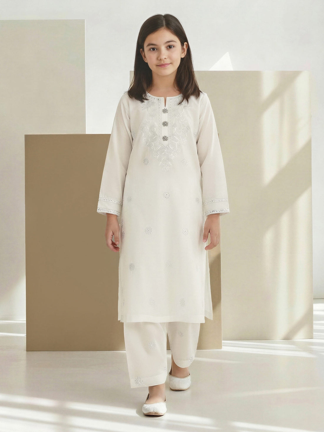 2 Piece Satin Suit- Embroidered (Pret) – White (F3674ST-001)