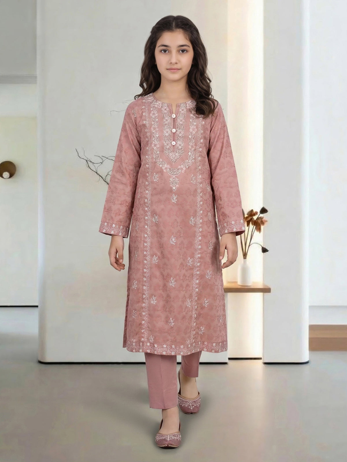2 Piece Self Jacquard Suit- Embroidered (Pret) – Pink (F3561ST-489)