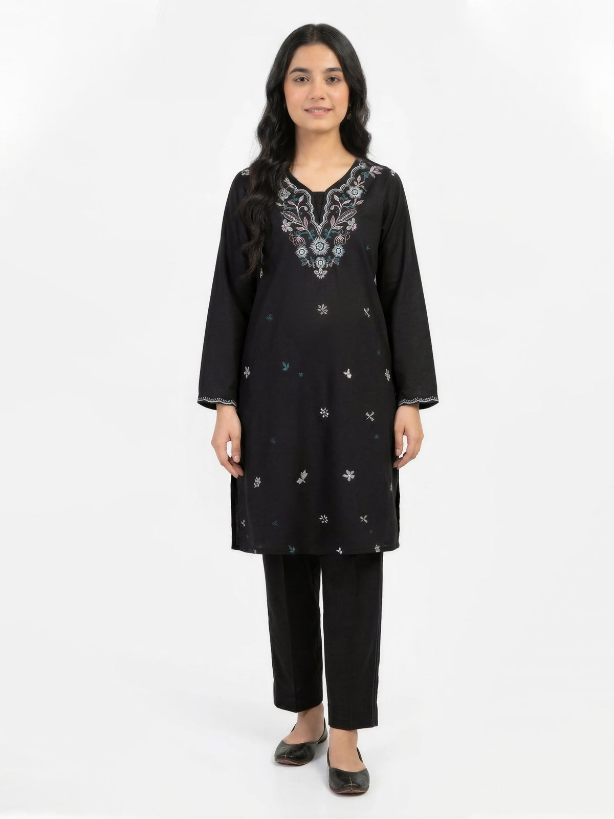 2 Piece Viscose Slub Suit- Embroidered (Pret) – Black (F3605ST-034)